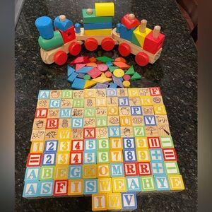Wooden Toy Lot: Melissa & Doug Stacking Train, ABC Blocks, Geometric Shapes
